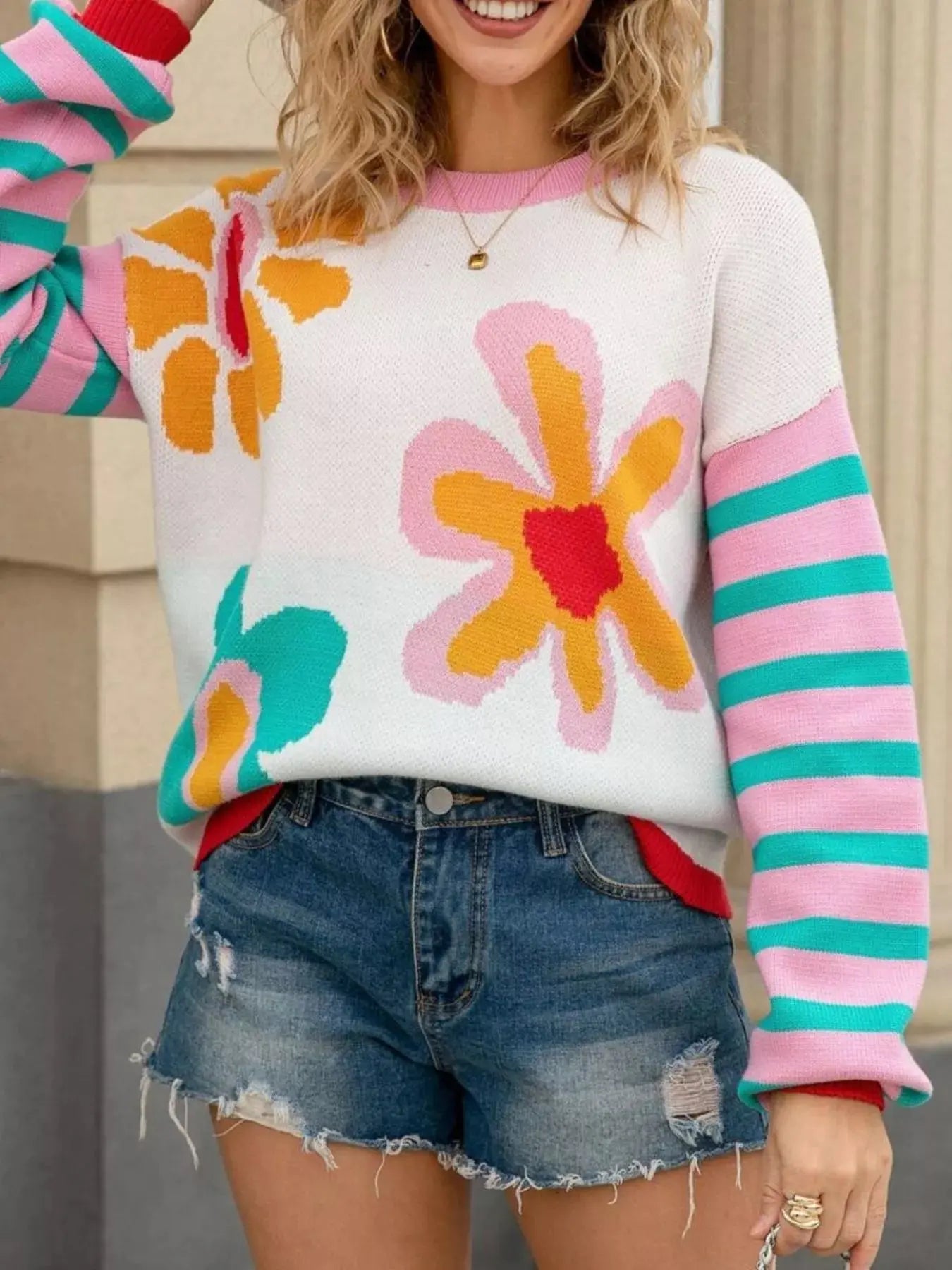 Floral Striped Crew Neck Sweater Simply Love