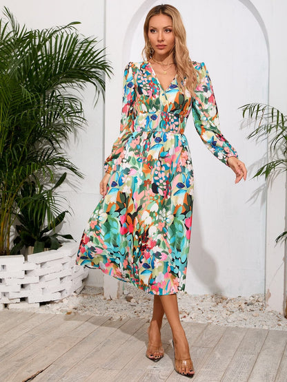 Printed Surplice Long Sleeve Midi Dress.