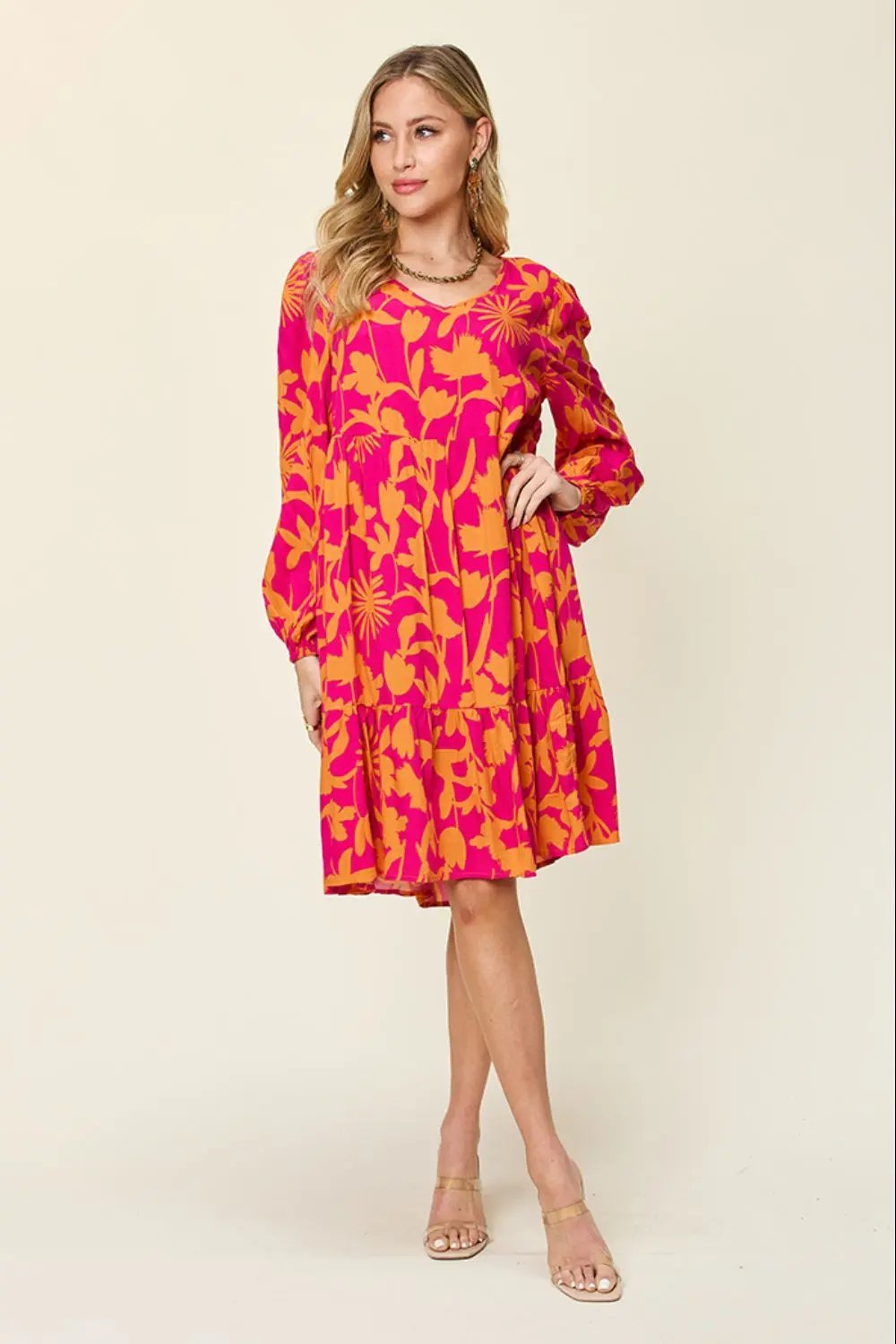 Double Take Full Size Printed Ruffle Hem Long Sleeve Dress - Love Salve