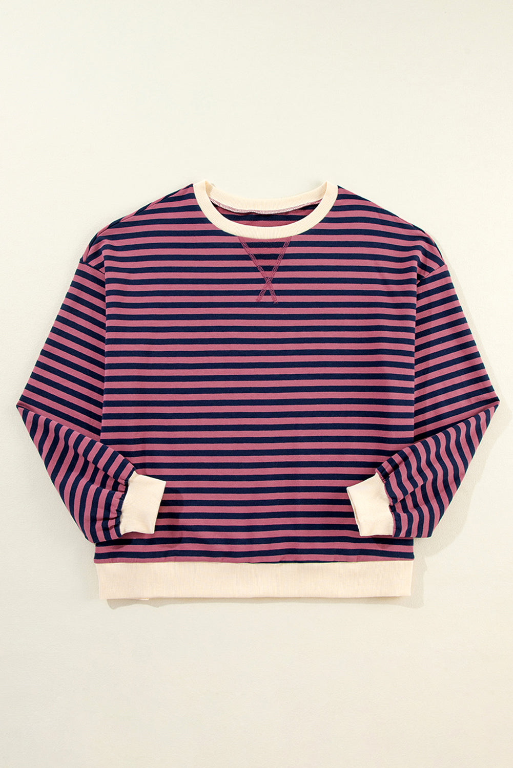 Cozy red striped oversized pullover with contrast trim