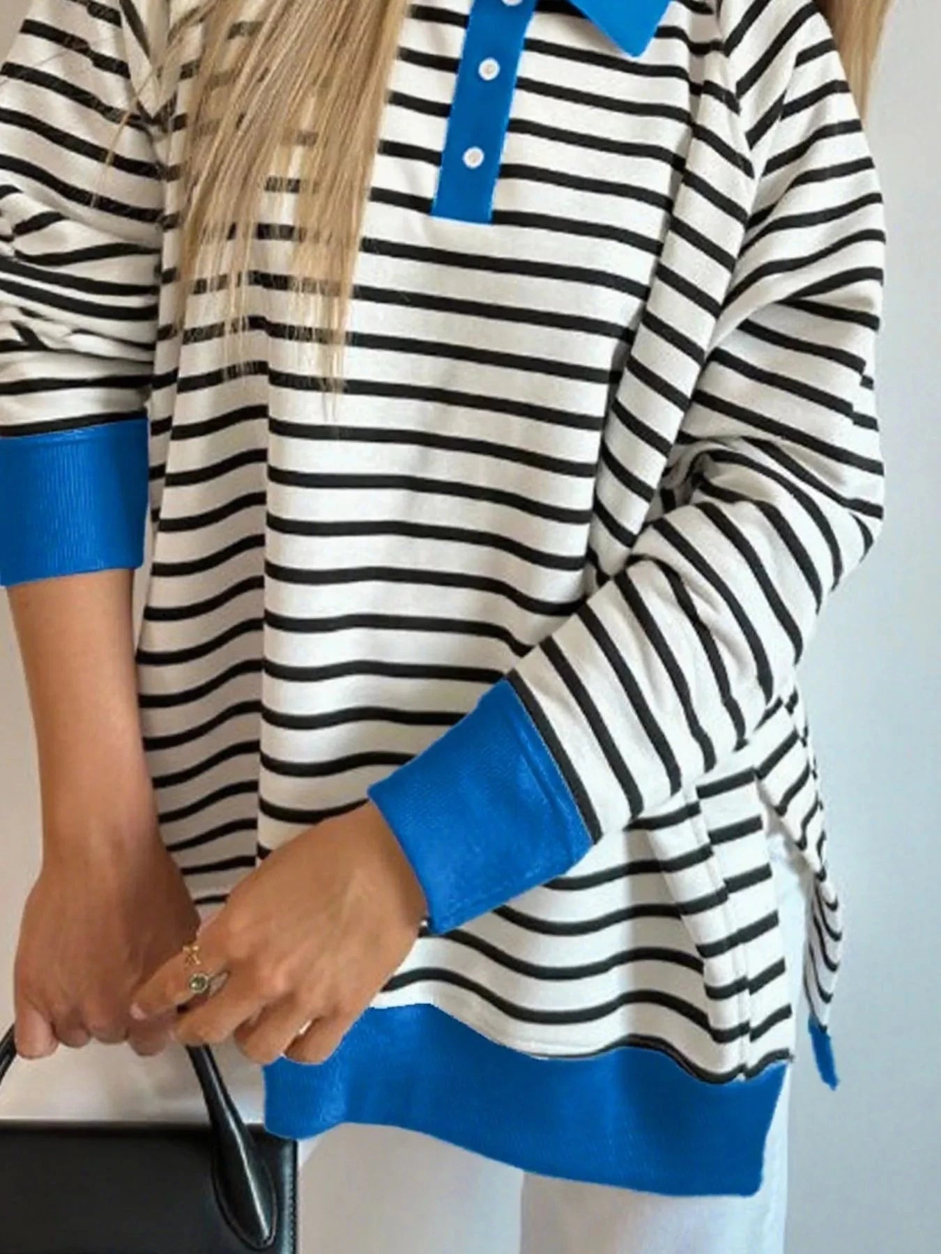 Striped Polo Collar Long Sleeve Sweatshirt With Buttoned Slit Simply Love
