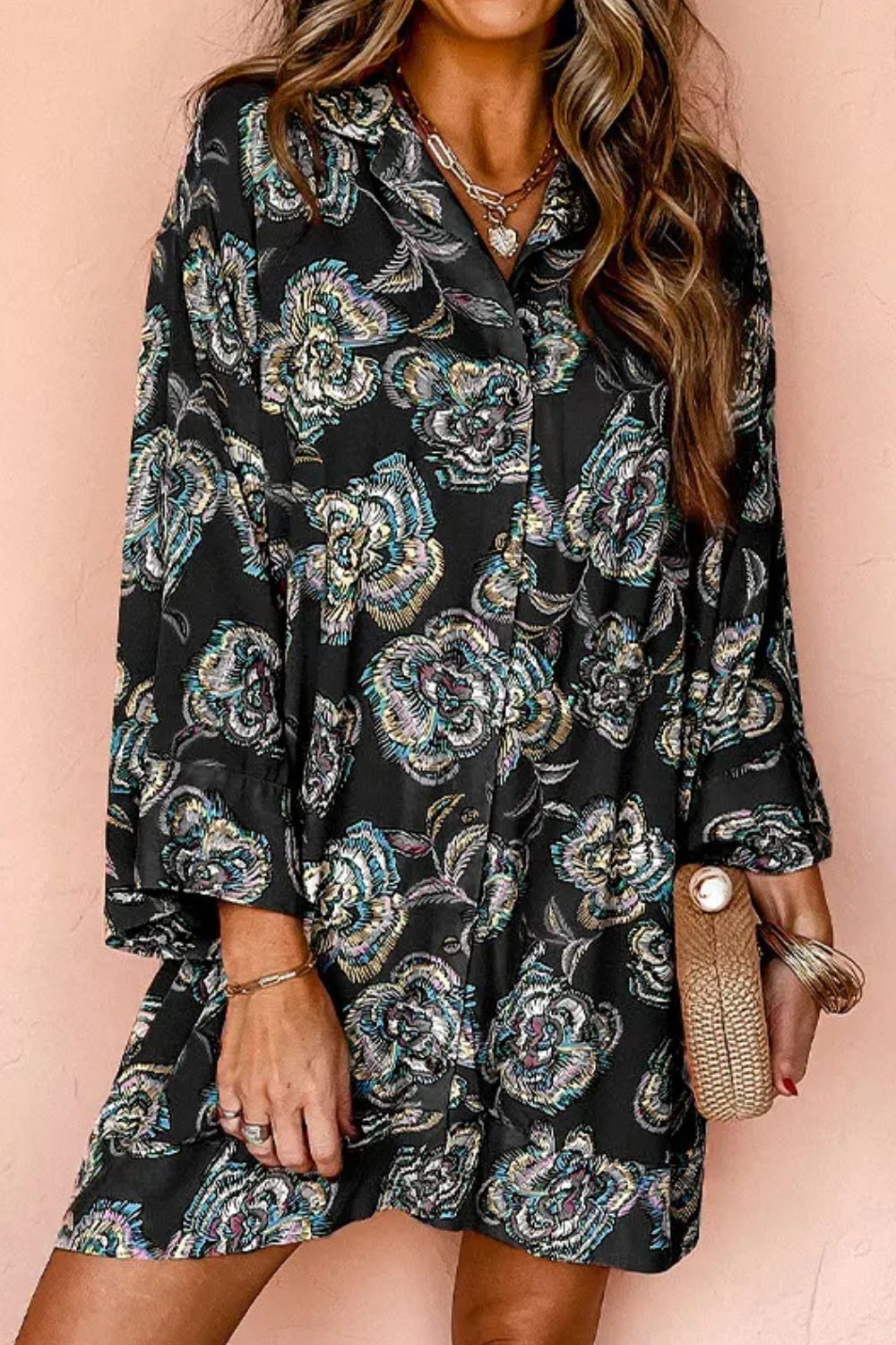 Chic printed three-quarter sleeve button-up shirt dress