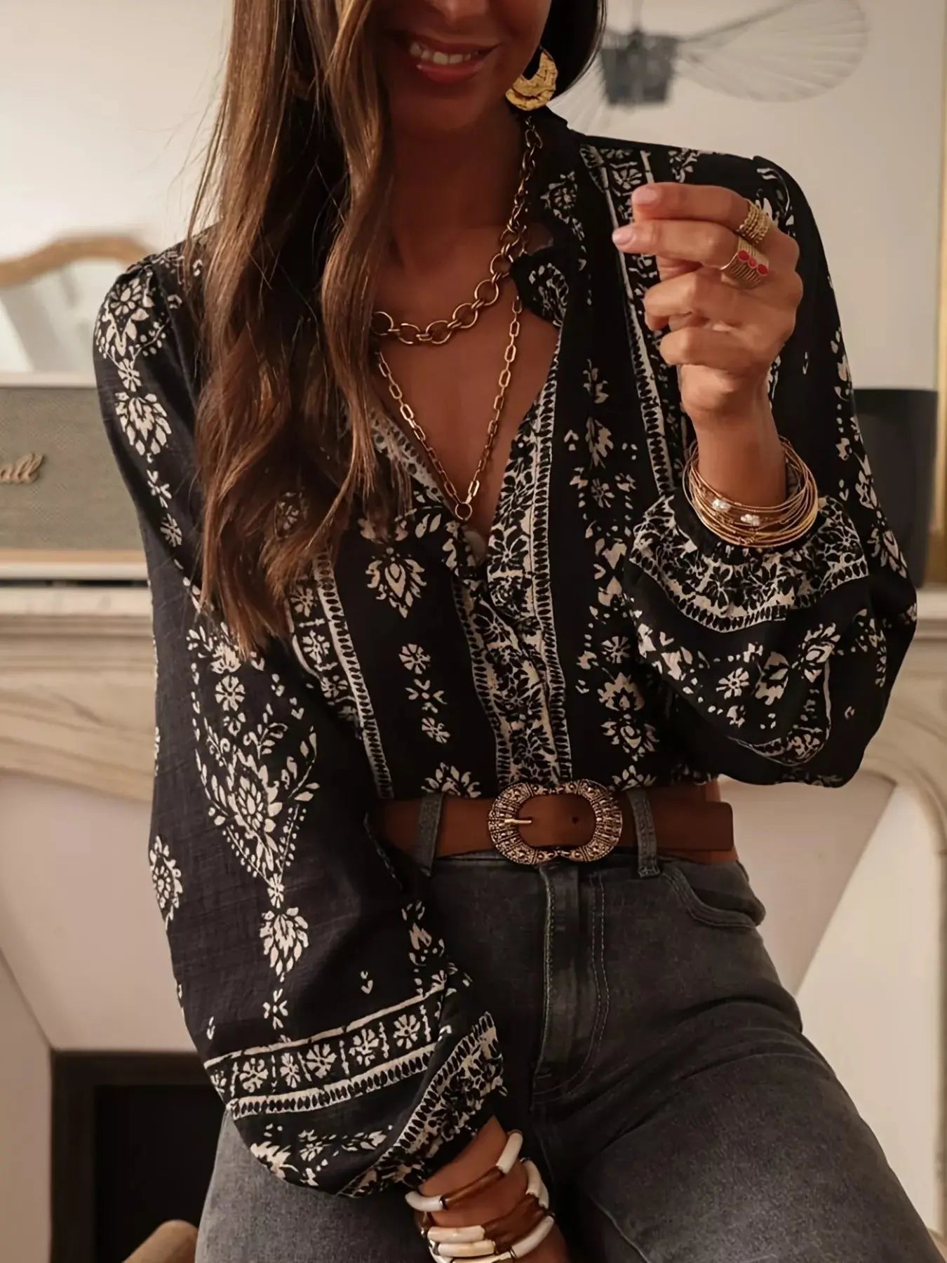 Printed Long Sleeve Blouse Simply Love