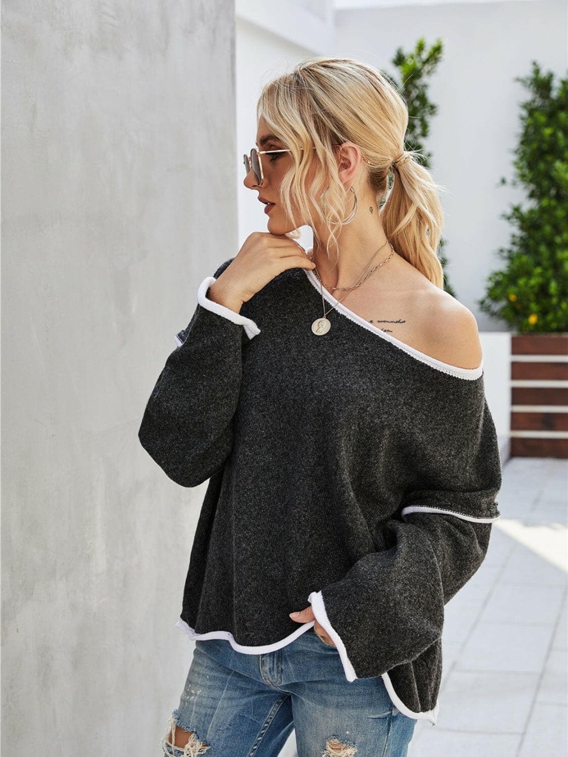 Boat Neck Dropped Shoulder Sweater.