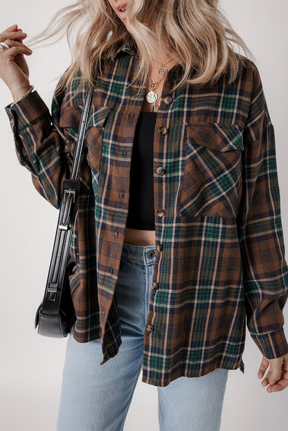 Brown plaid button-up shacket with chest pockets