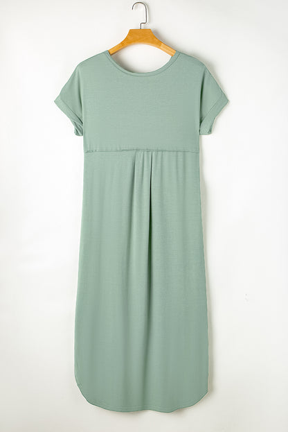 Elegant grass green maxi t-shirt dress with hidden pockets and stylish splits