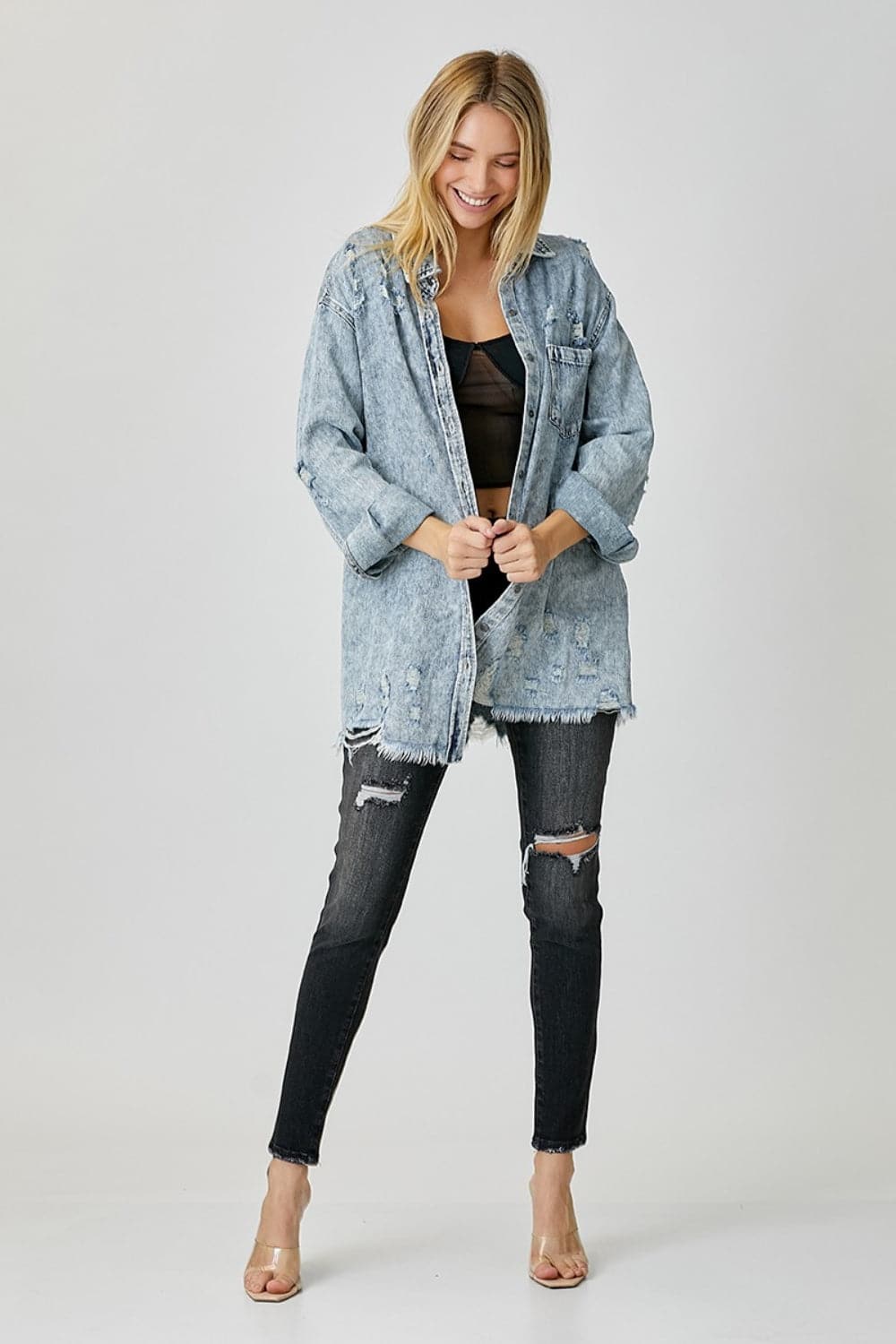 RISEN Distressed Raw Hem Denim Shirt.