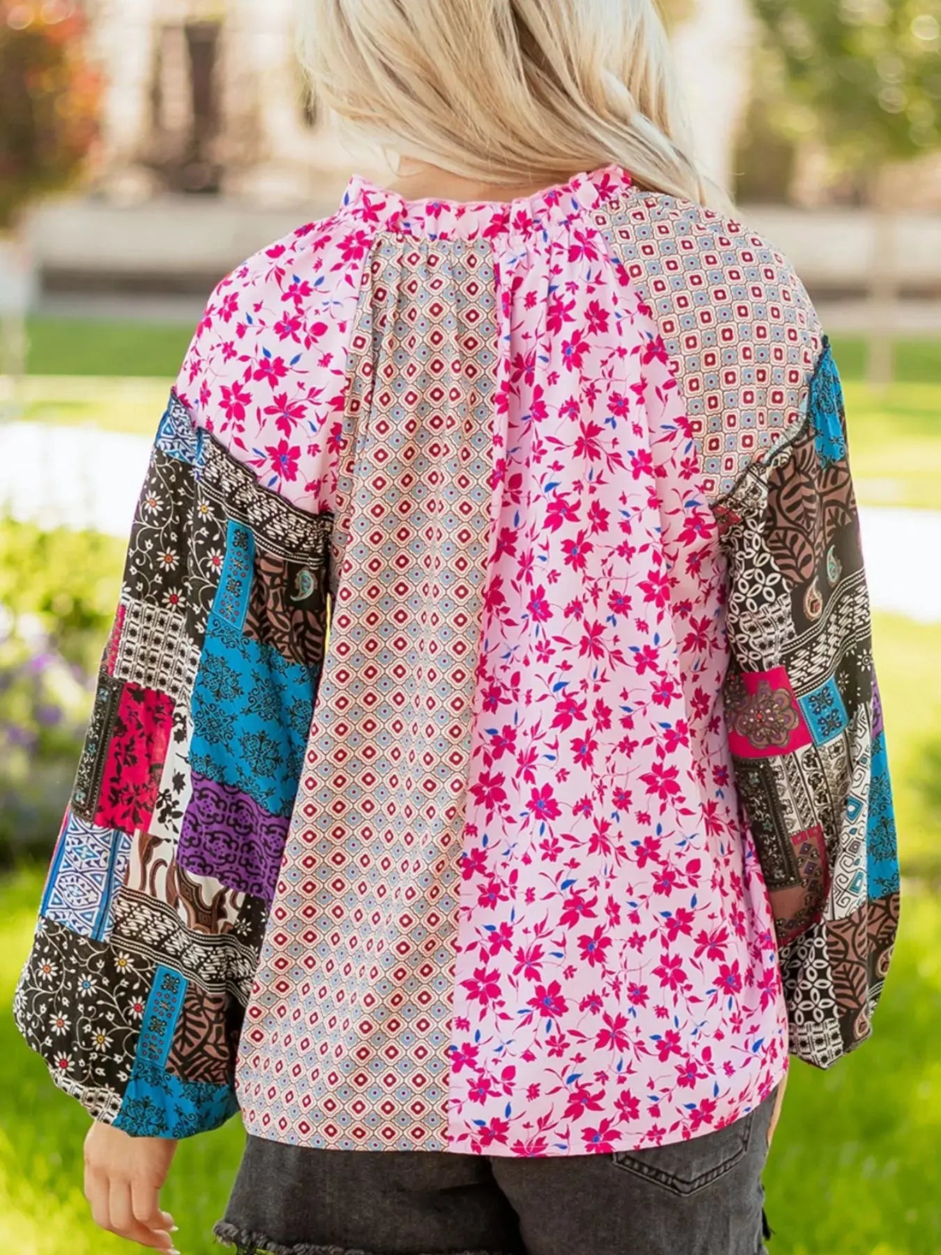 Boho Mixed Floral Drop Shoulder Bubble Sleeve Blouse Simply Love