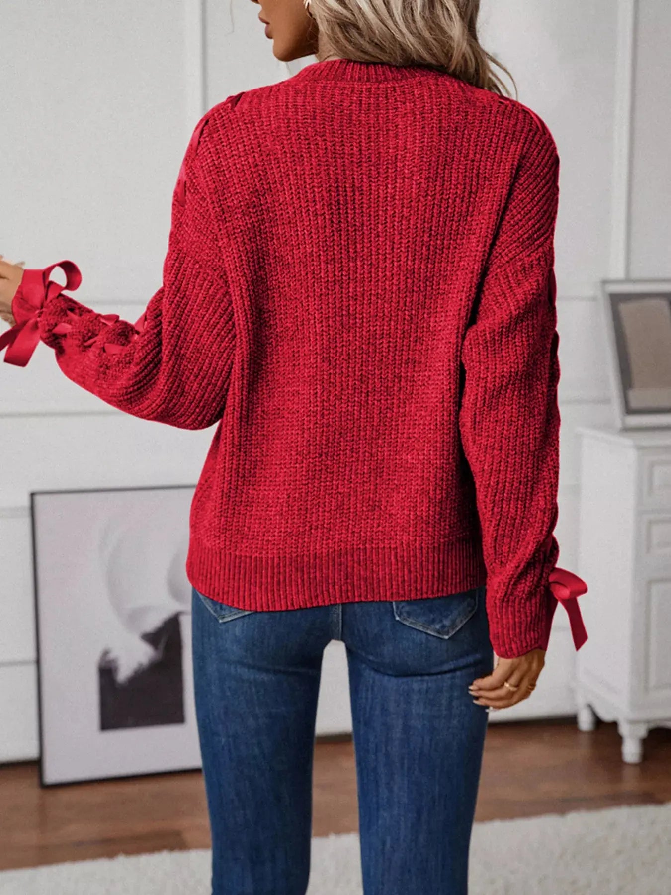 Ribbon-Tie Sleeve Round Neck Sweater Simply Love