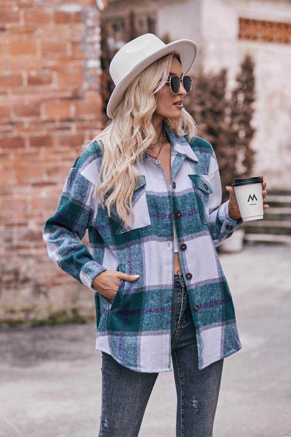 Plaid Long Sleeve Shirt Jacket with Pockets.