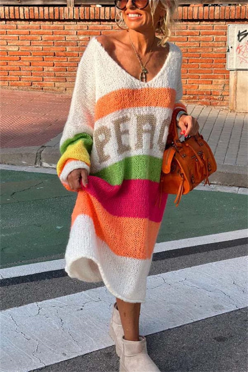 Color Block V-Neck Long Sleeve Sweater Dress.