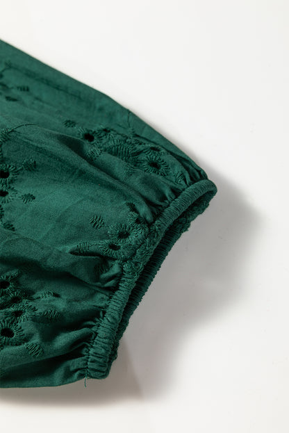 Blackish Green Eyelet Embroidered Swing Dress Puff Sleeve