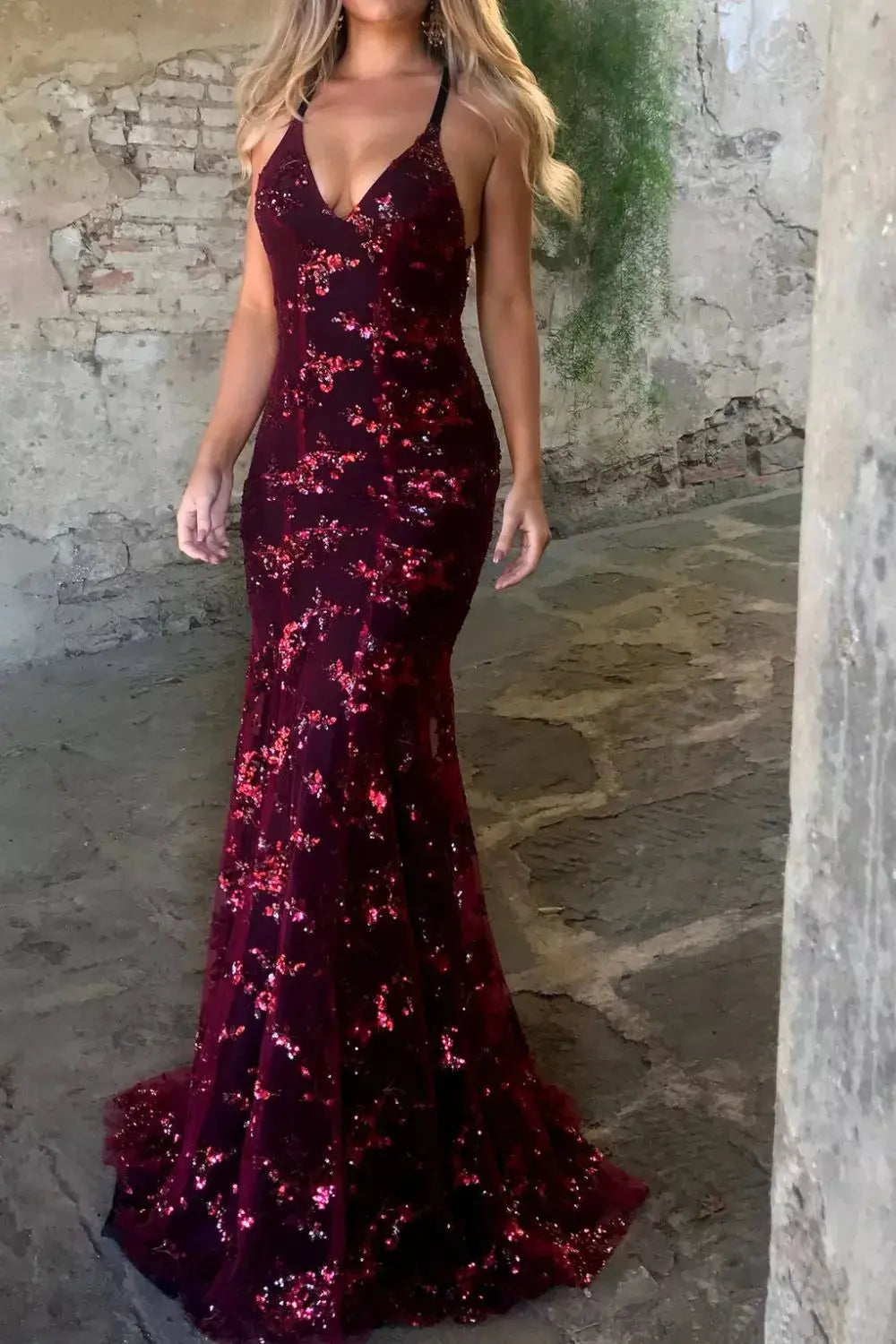 Full Size Sequin Tie Back V-Neck Maxi Dress Plus Size Simply Love