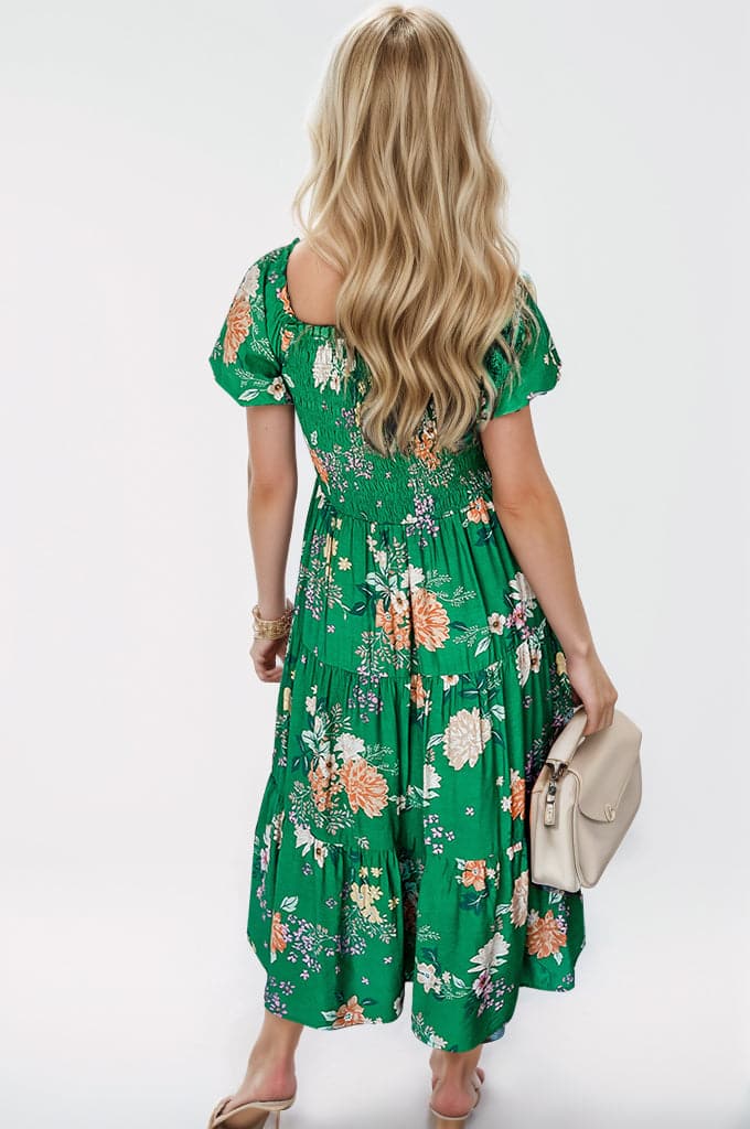 Smocked Printed Puff Sleeve Midi Dress.