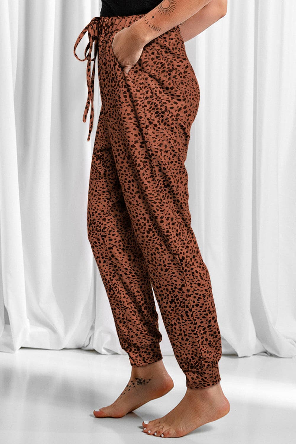 Full Size Leopard Drawstring Pocketed Pants.