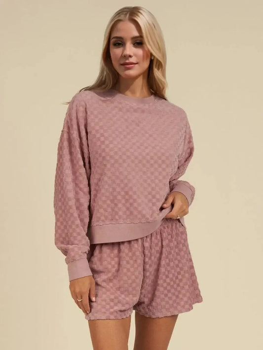 Double Take: Checkered Set - Long Sleeve Top & Shorts - Love Salve