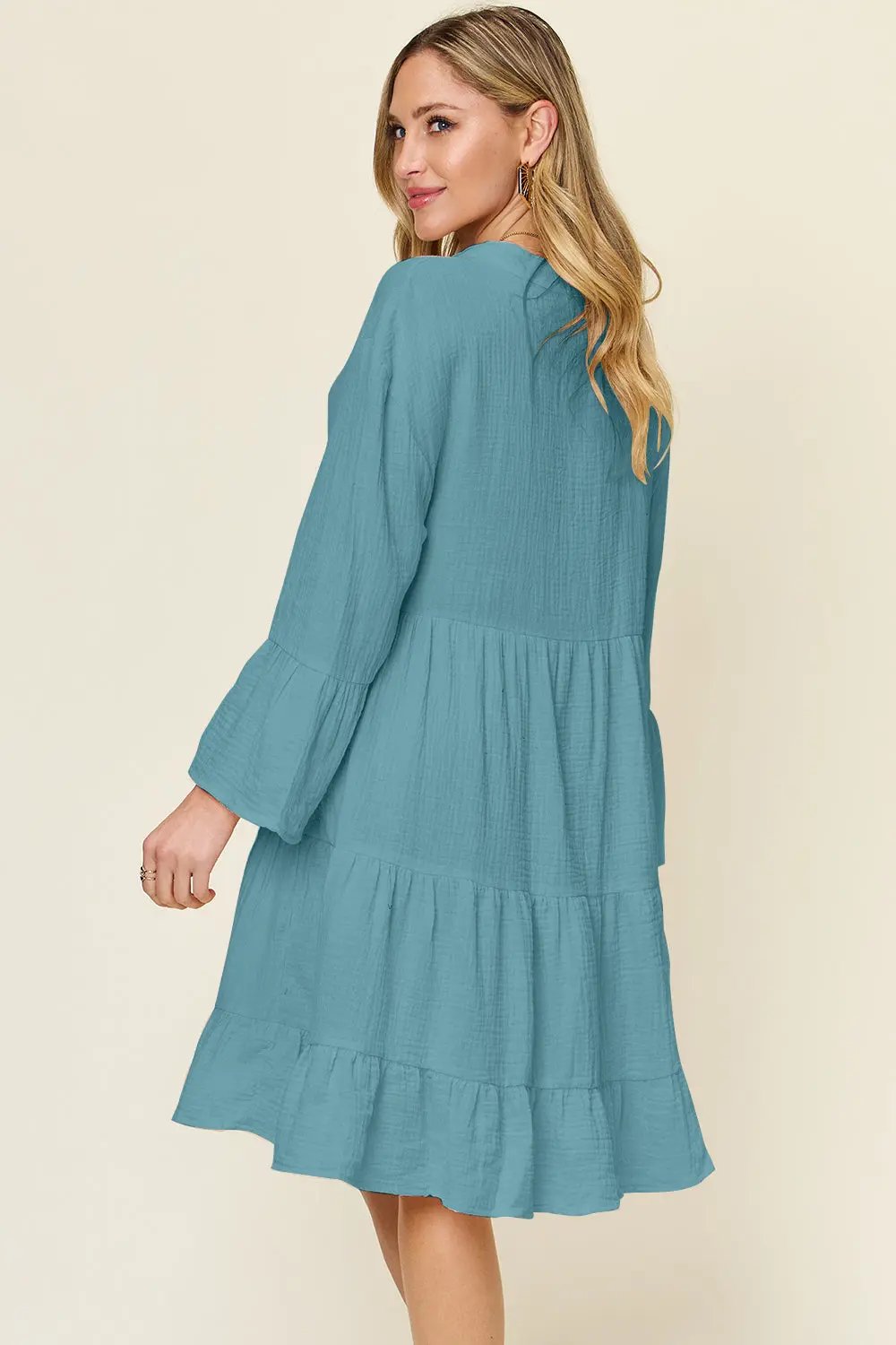 Double Take Full Size Texture Button Up Ruffle Hem Dress - Love Salve