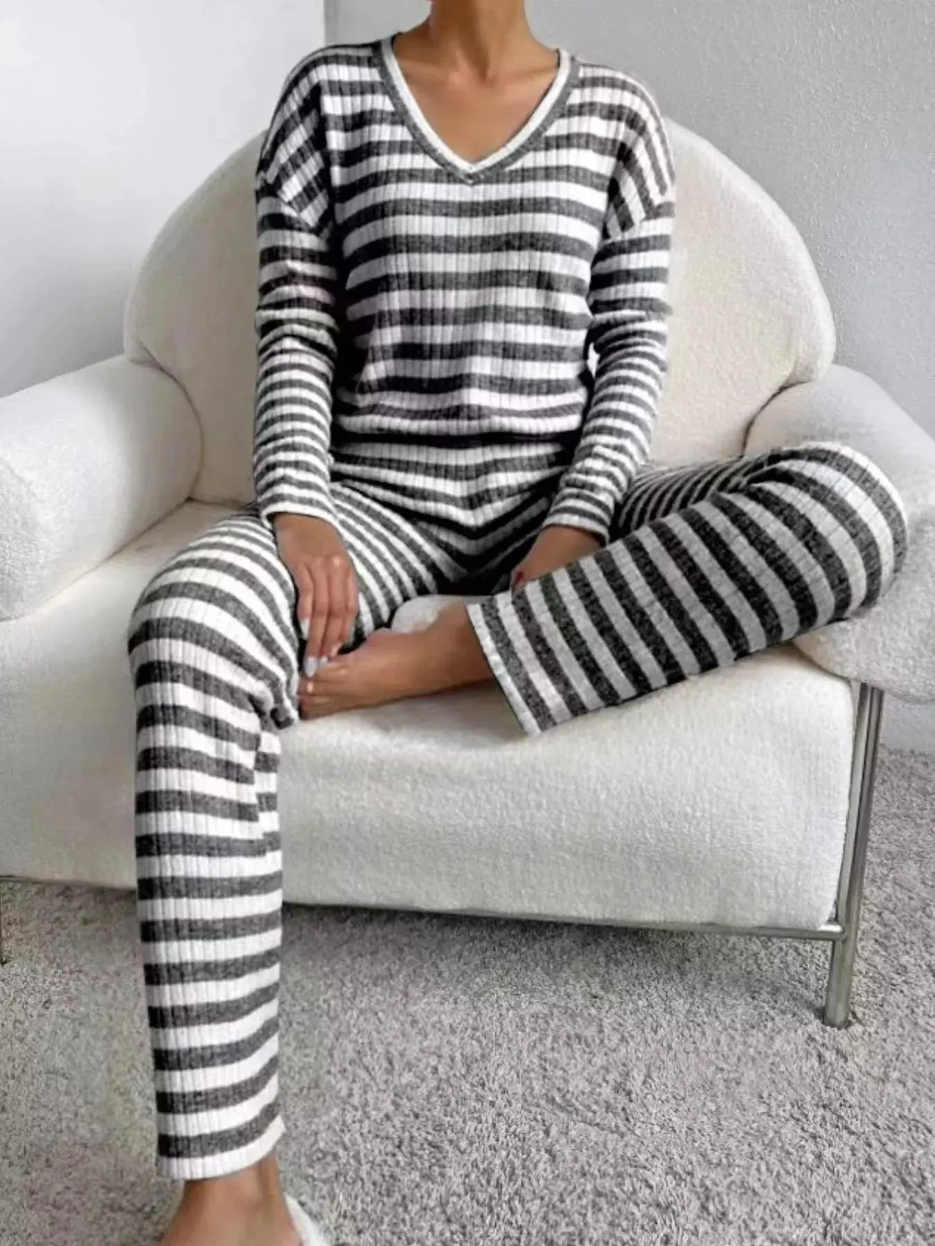 Striped Ribbed Knit Top and Pants Set Simply Love