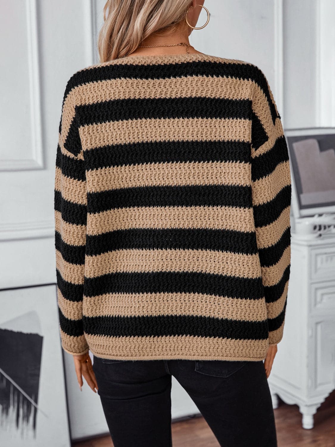 Chic striped long sleeve sweater with dropped shoulders