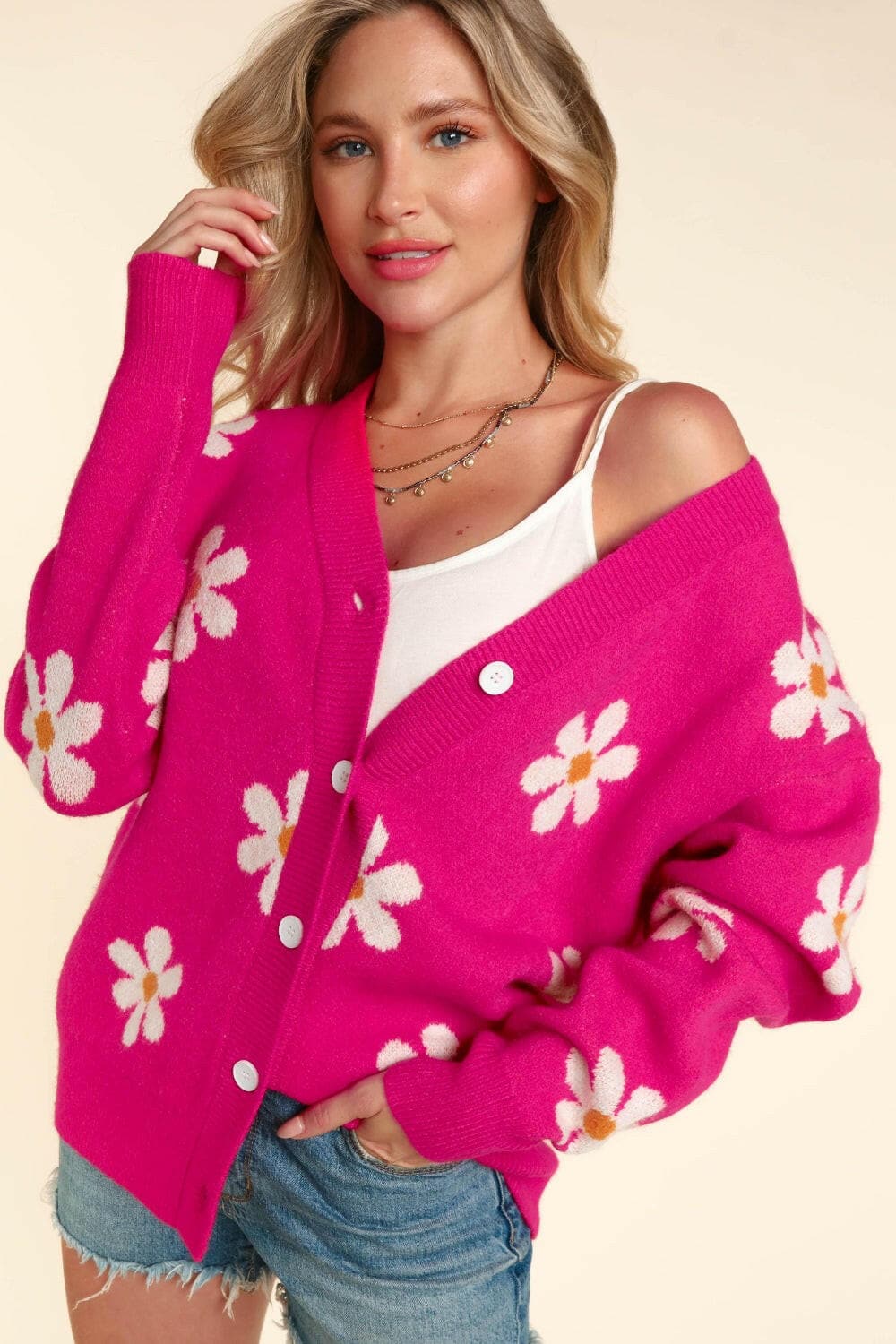 Haptics Full Size Daisy Floral Button Down Long Sleeve Cardigan.