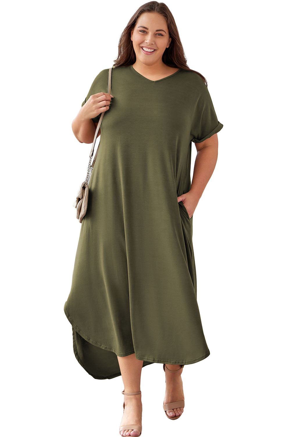 Vibrant Green Plus Size V-Neck Maxi Dress with Rolled Cuffs and Pockets