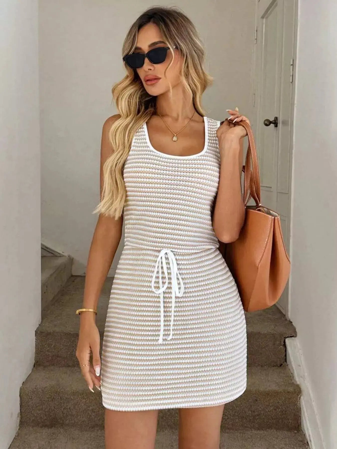 Striped Knitted Mini Dress with Drawstring Simply Love