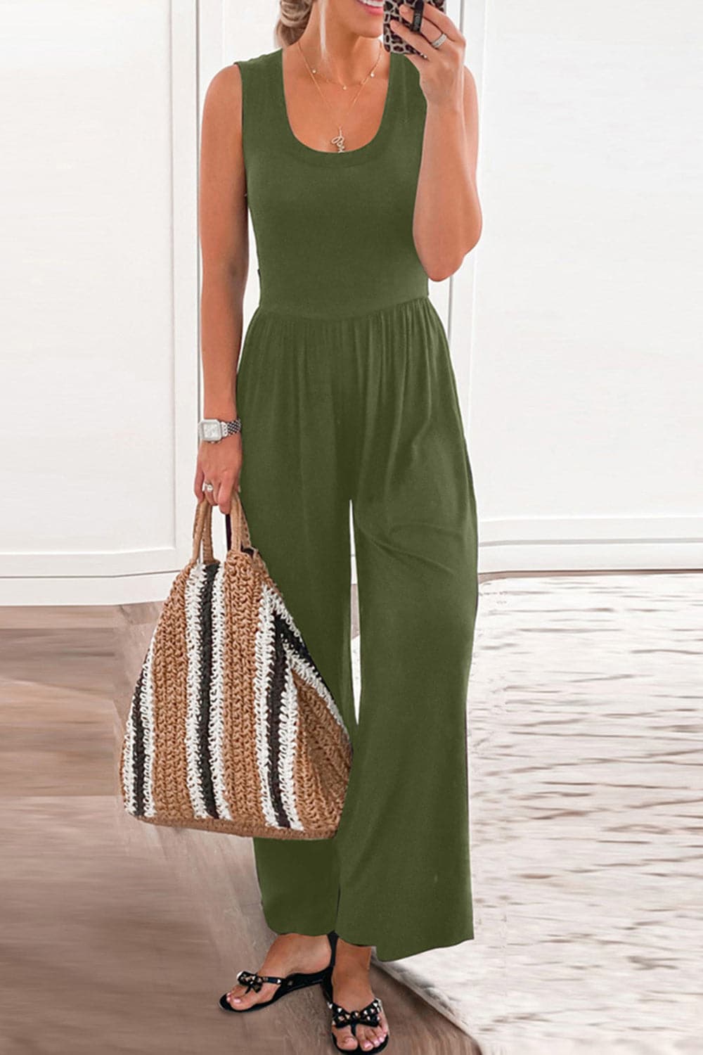 Full Size Scoop Neck Wide Strap Jumpsuit.