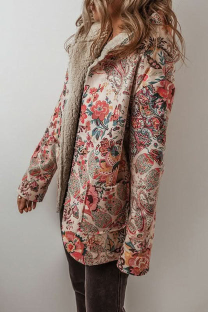 Women Floral Printed Sherpa Lined Hooded Jacket