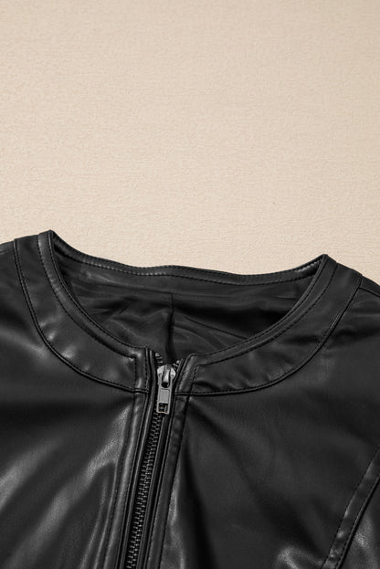 Sleek black faux leather bomber jacket