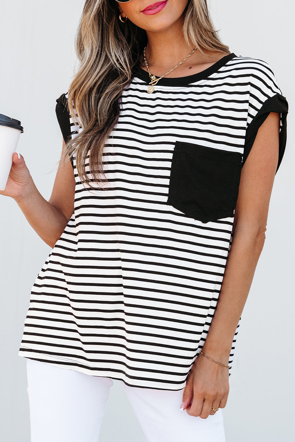 Chic Black Striped Tank Top with Chest Pocket