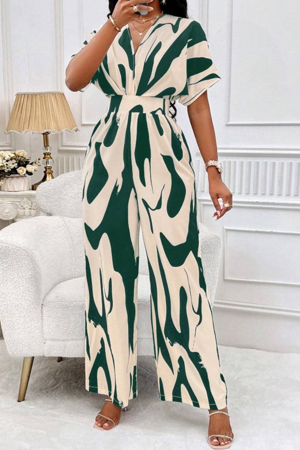 Printed V-Neck Short Sleeve Wide Leg Jumpsuit.