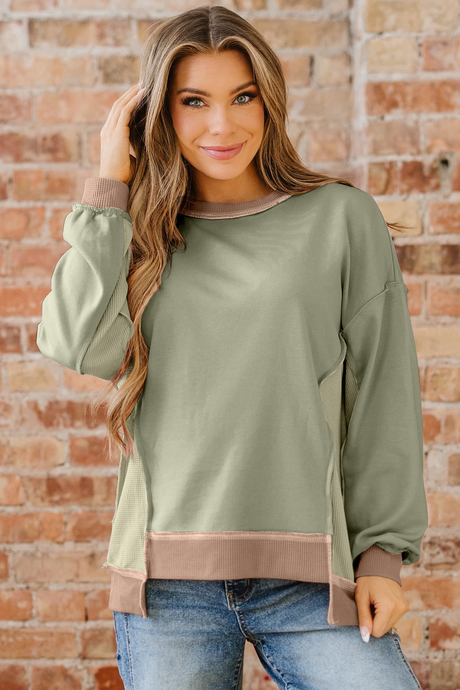 Dear-Lover Green Waffle Sweatshirt Women's Daily Oversized Patchwork Top Casual Fall Dear-Lover Dropshipping