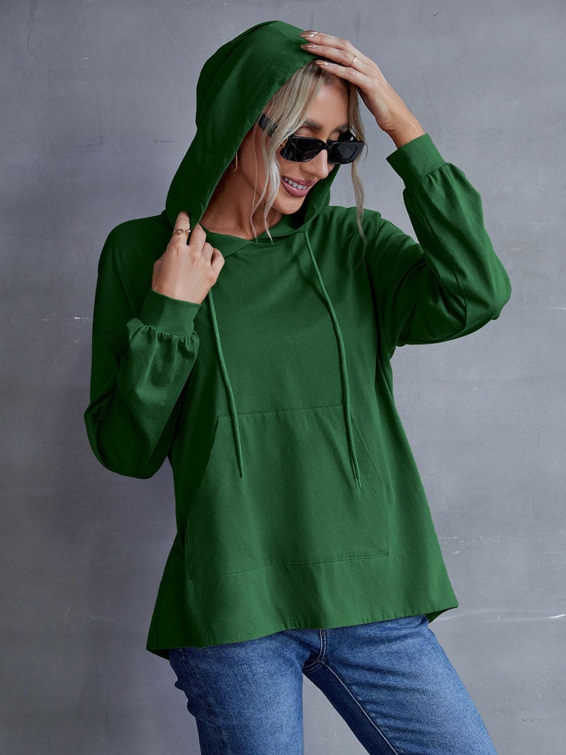 Drawstring Pocketed Dropped Shoulder Hoodie.