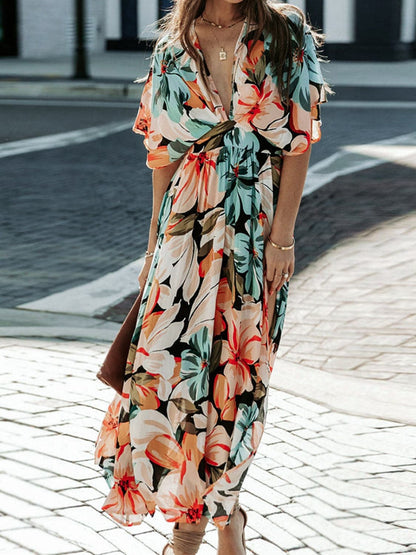 Floral Plunge Half Sleeve Dress.