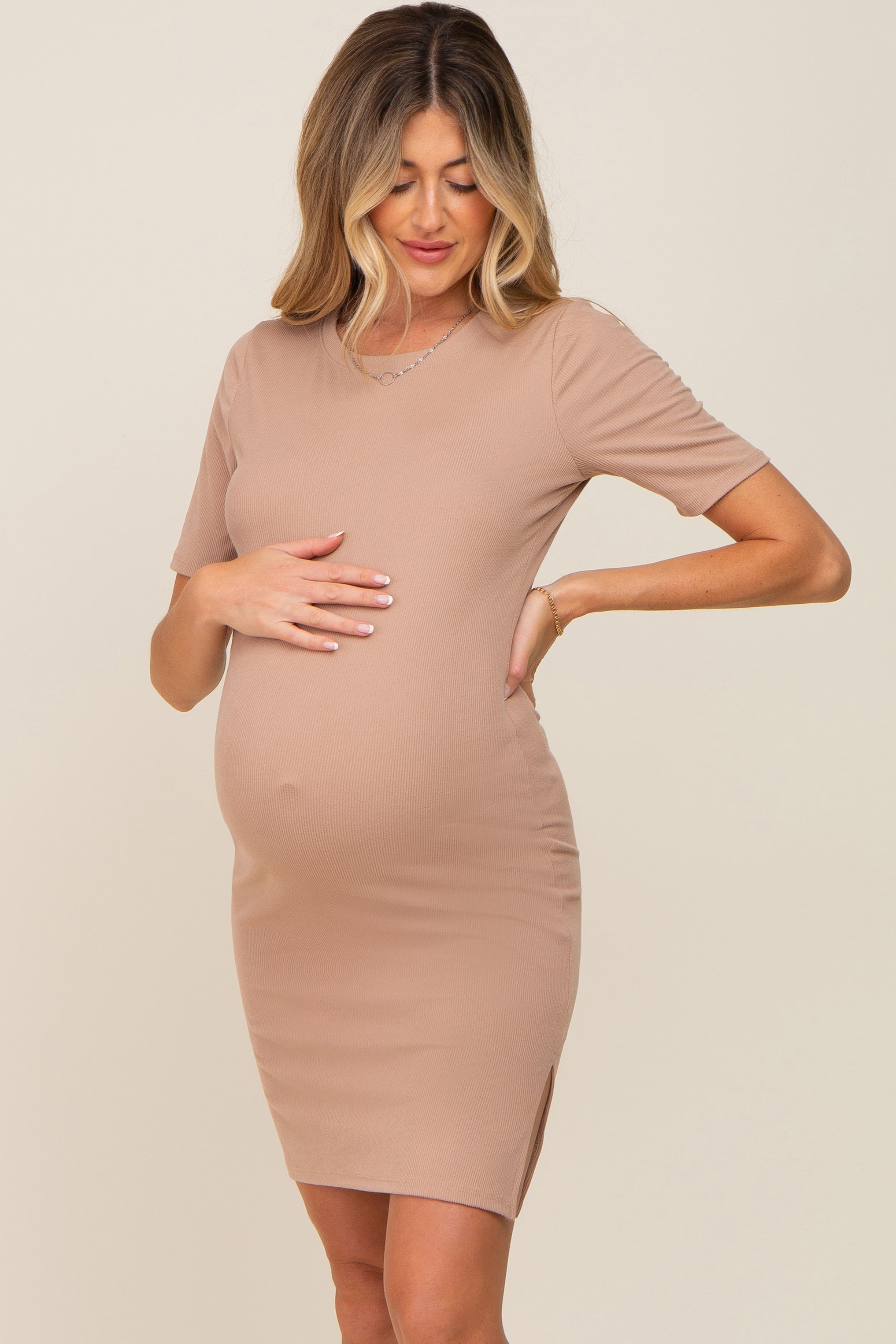 Taupe Ribbed Basic Short Sleeve Maternity Dress PinkBlush