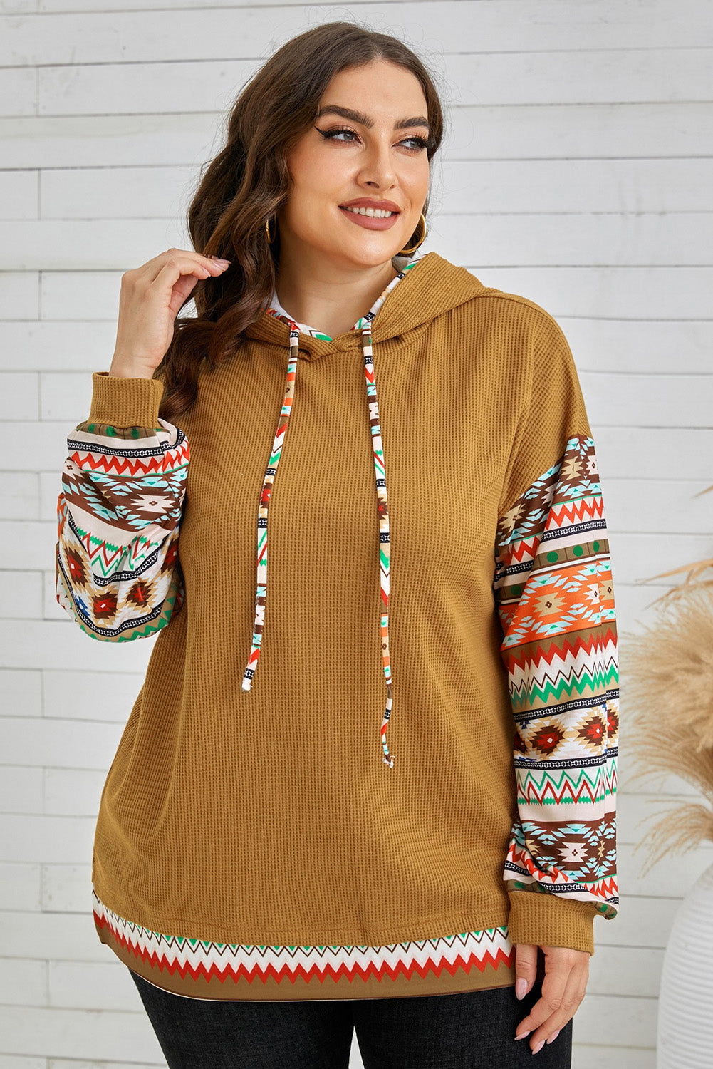 Camel Aztec patchwork sleeve plus-size hoodie with drawstring detail