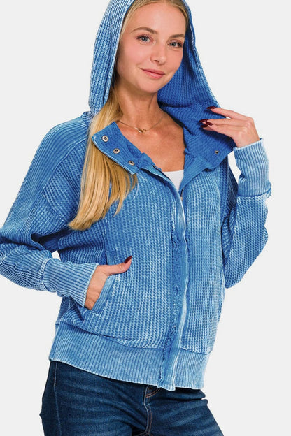 Zenana washed hooded jacket with zip-up front and cozy hood.