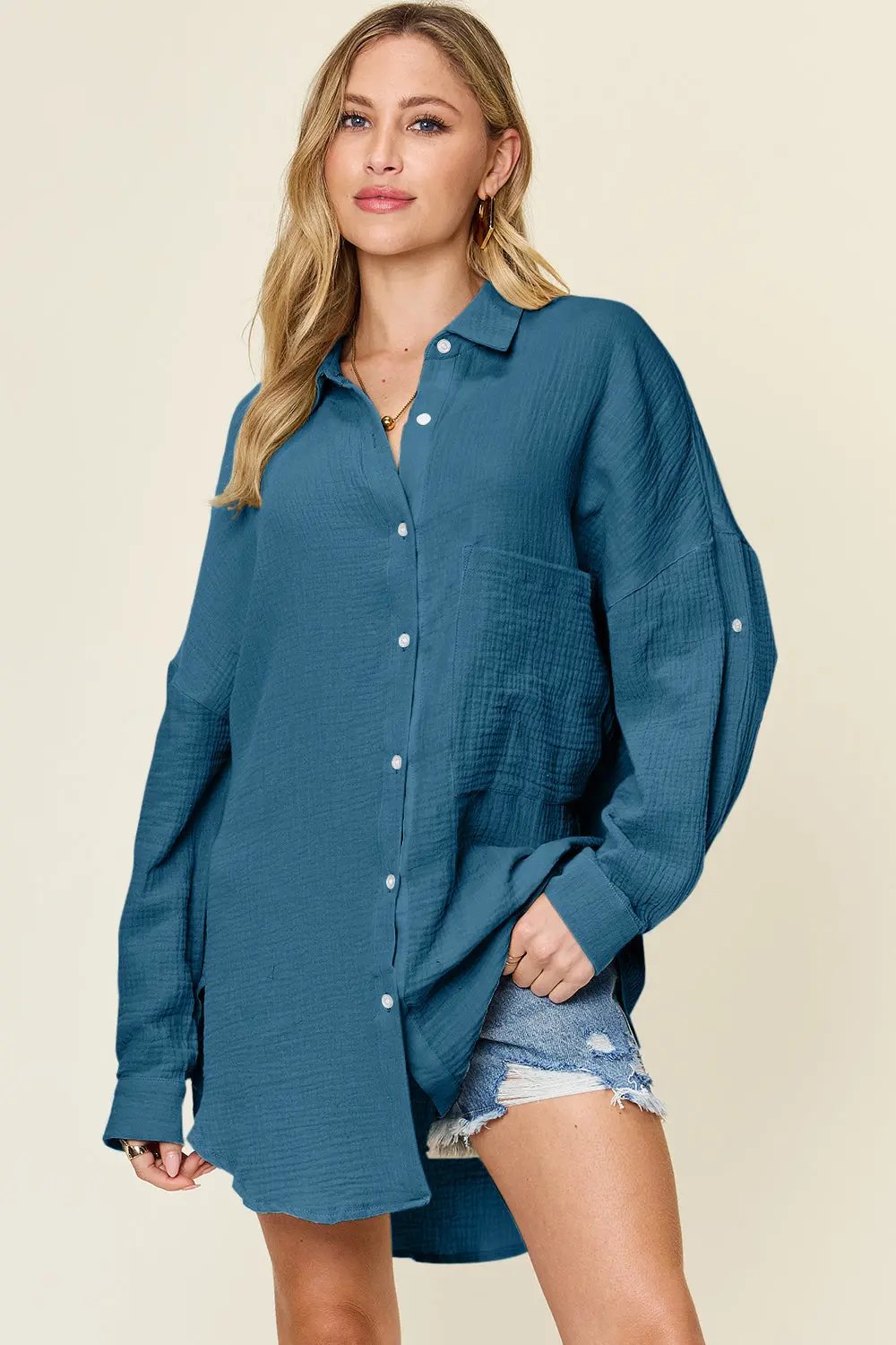 Double Take Full Size Pocketed Texture Button Up Shirt - Love Salve