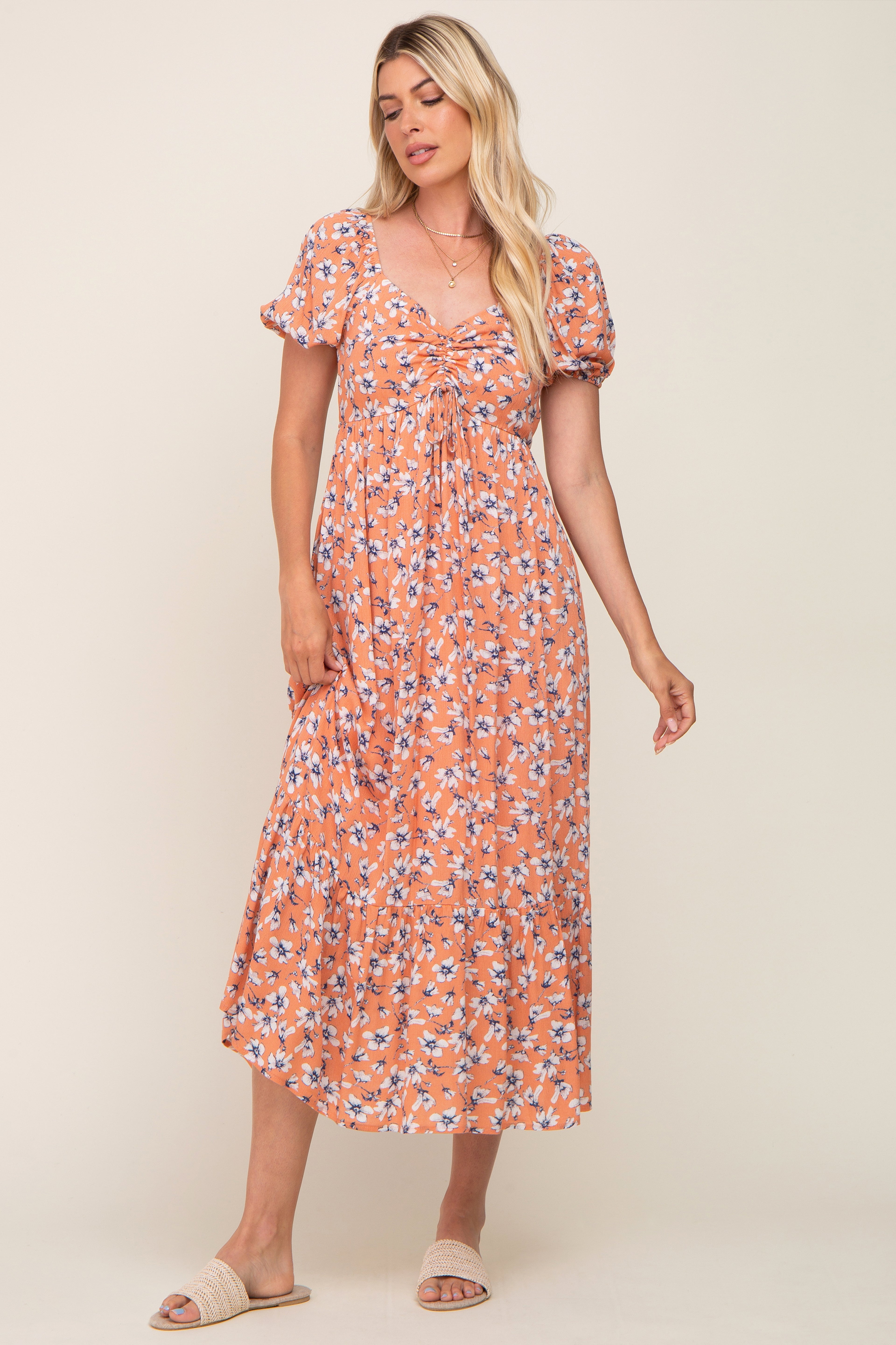 PinkBlush Coral Floral Sweetheart Drawstring Neck Short Sleeve Maternity Midi Dress - Full View