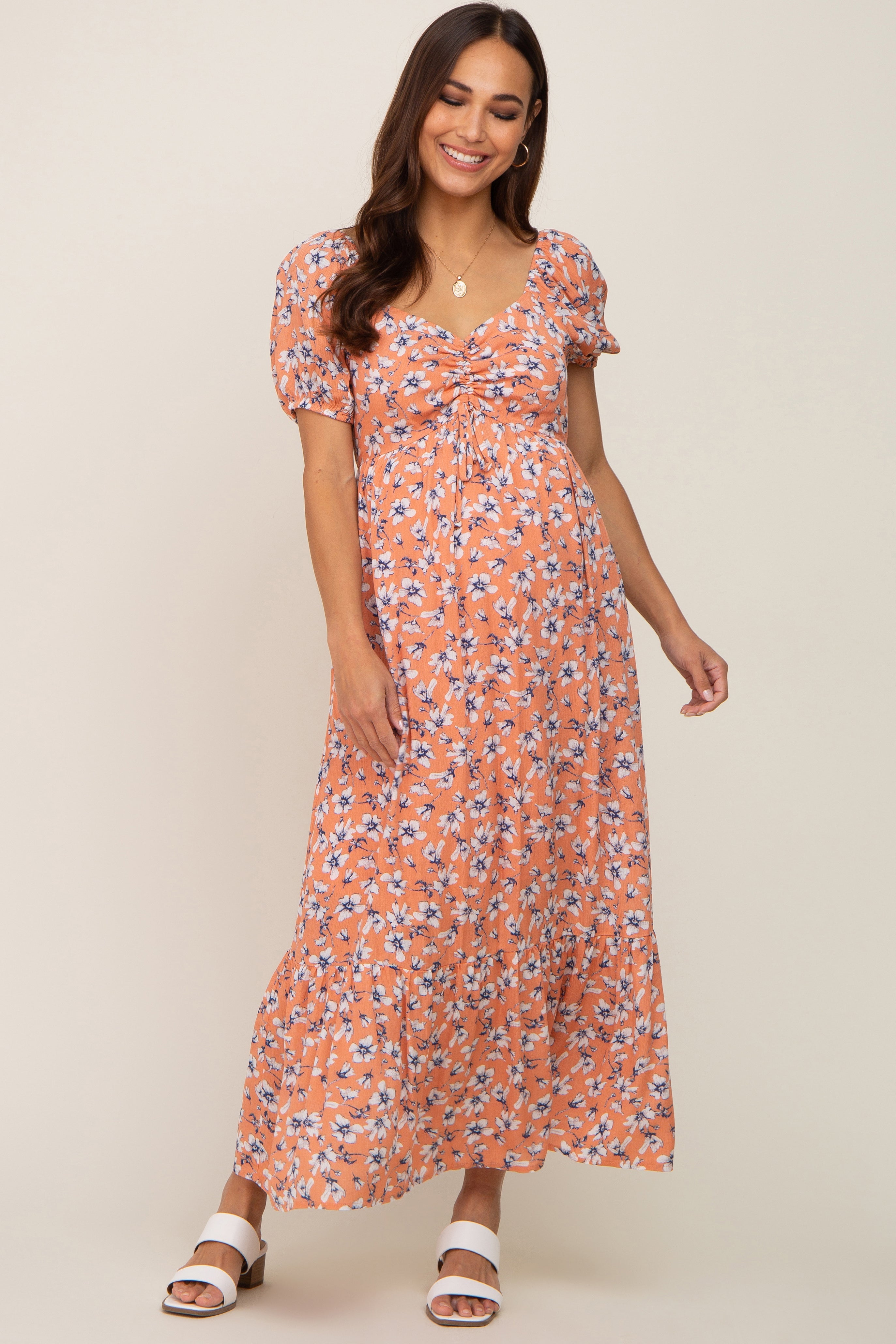 PinkBlush Coral Floral Sweetheart Drawstring Neck Short Sleeve Maternity Midi Dress - Main Product Image