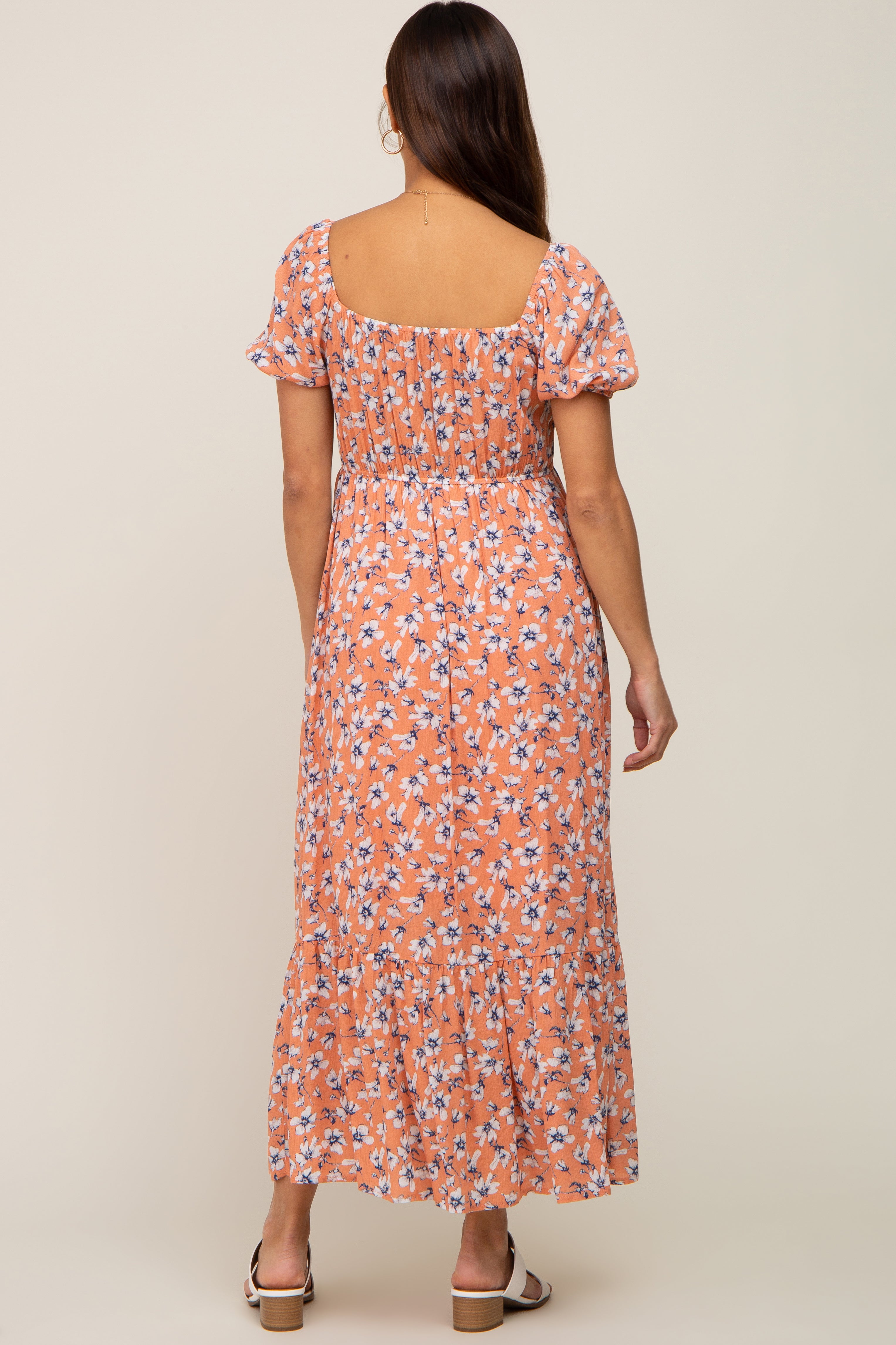 PinkBlush Coral Floral Sweetheart Drawstring Neck Short Sleeve Maternity Midi Dress - Detail View