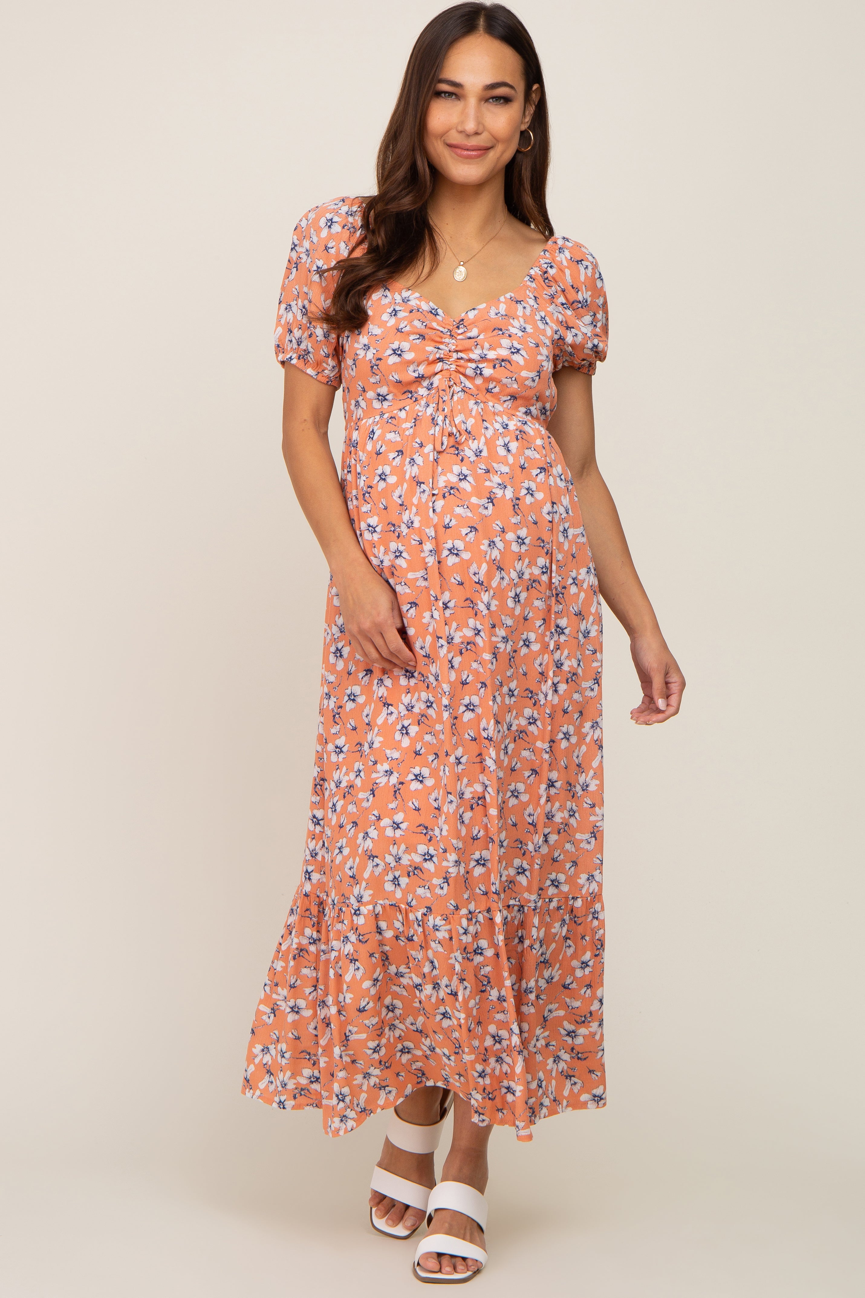 PinkBlush Coral Floral Sweetheart Drawstring Neck Short Sleeve Maternity Midi Dress - Close Up