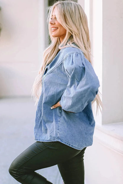 Stylish collared denim top with lantern sleeves