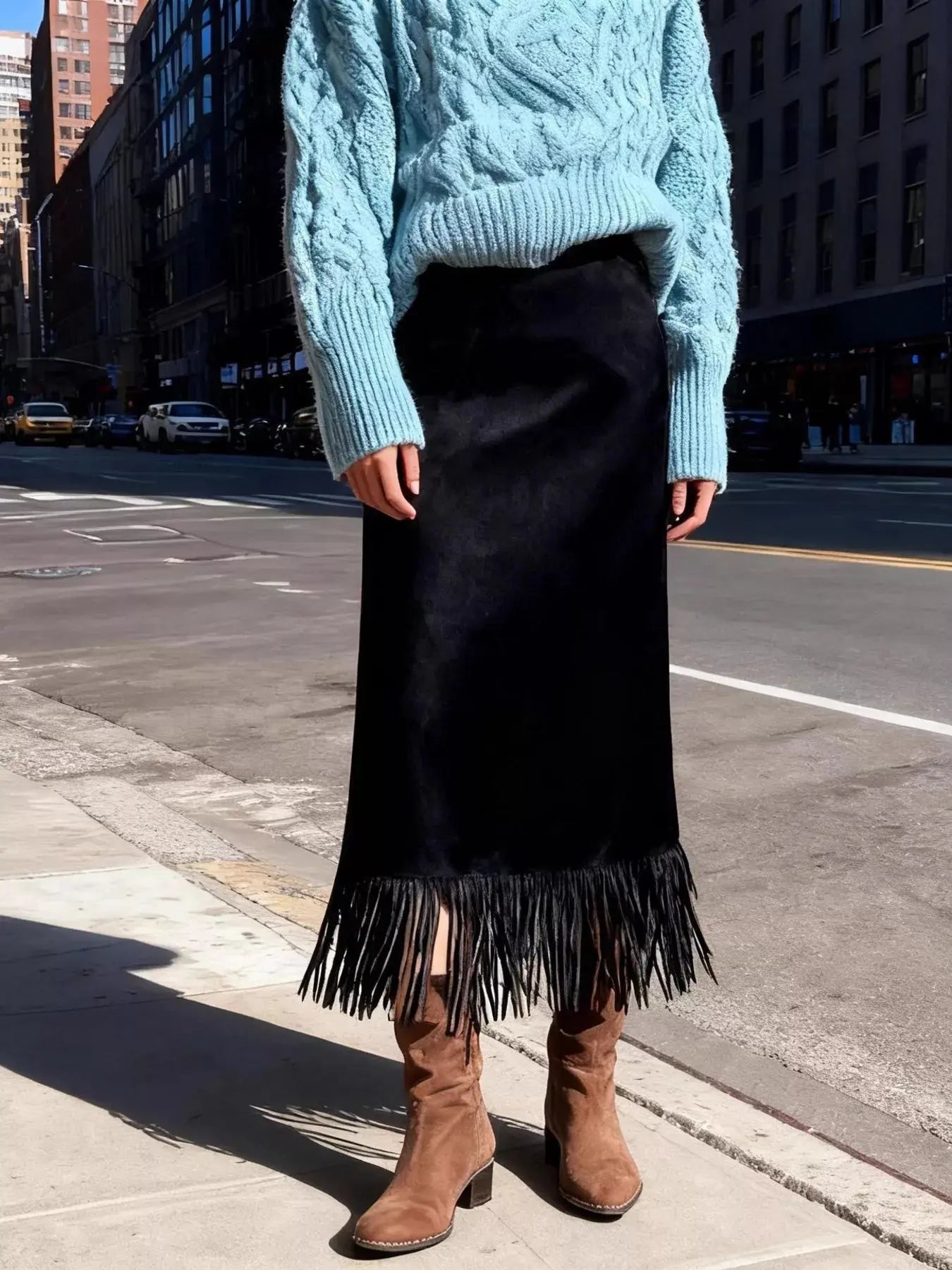 Suede Fringe Midi Skirt Simply Love