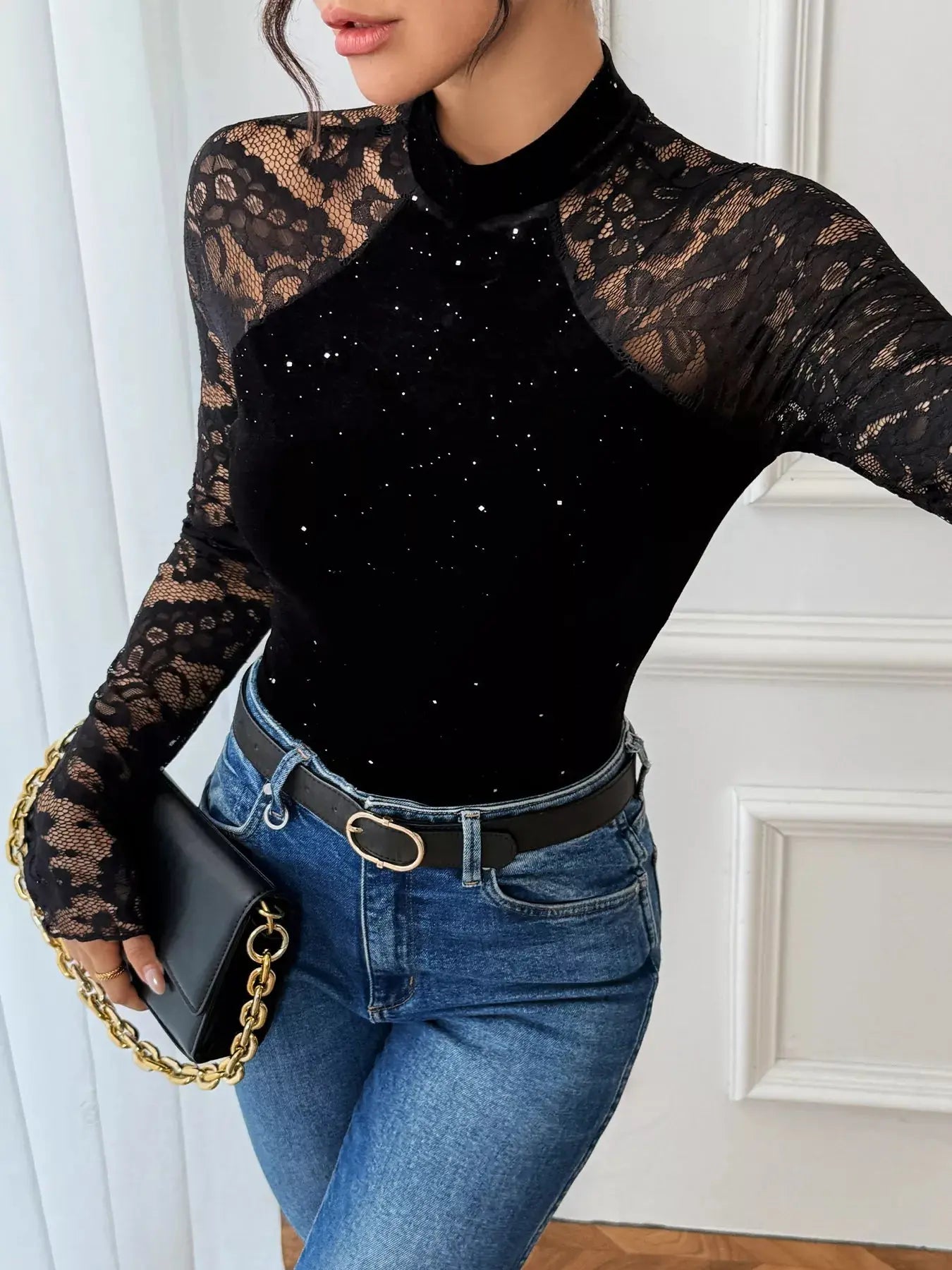 Lace Mock Neck Bodysuit With Sheer Lace Sleeves And Sparkling Details Simply Love