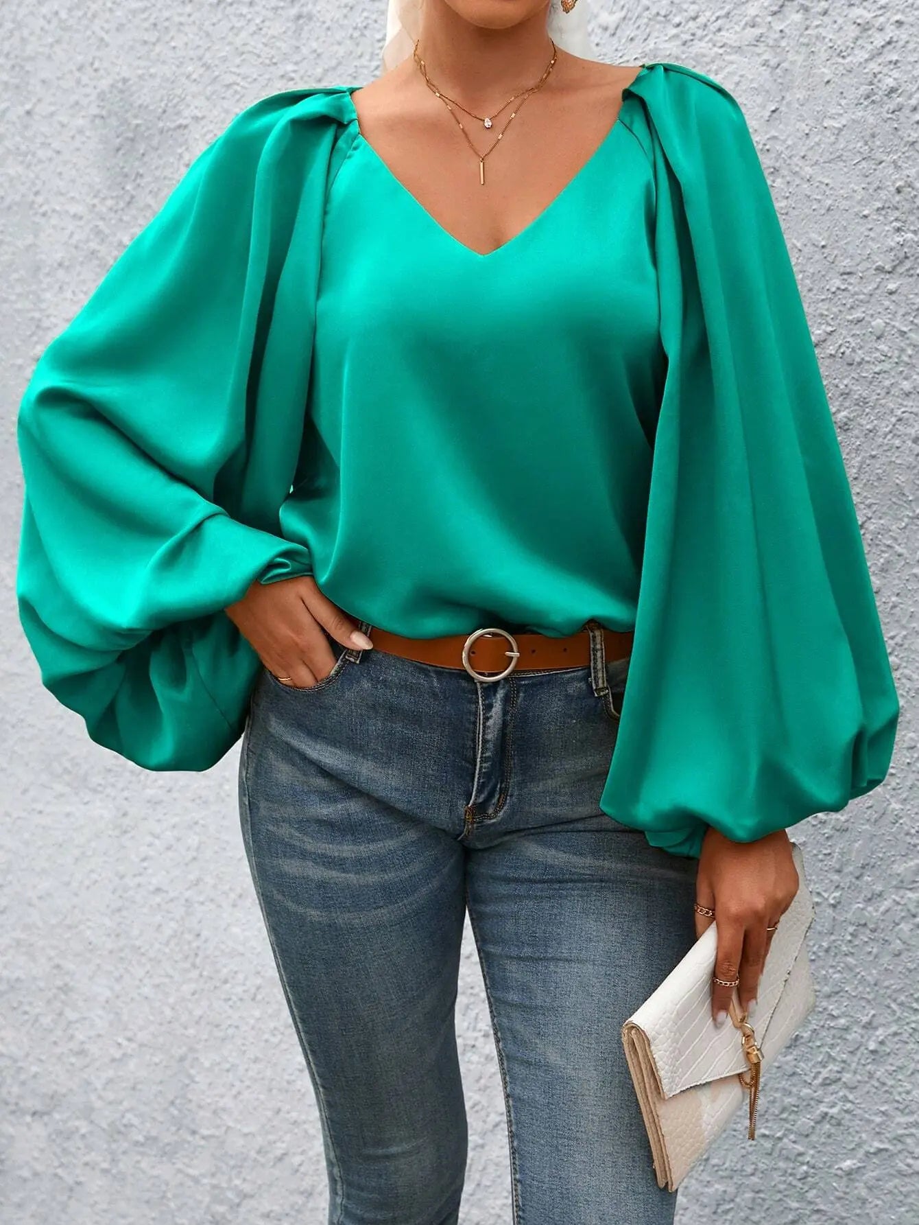 Lantern Sleeve Blouse With V Neck And Puff Sleeves Lightweight Fabric Miss Sparkling