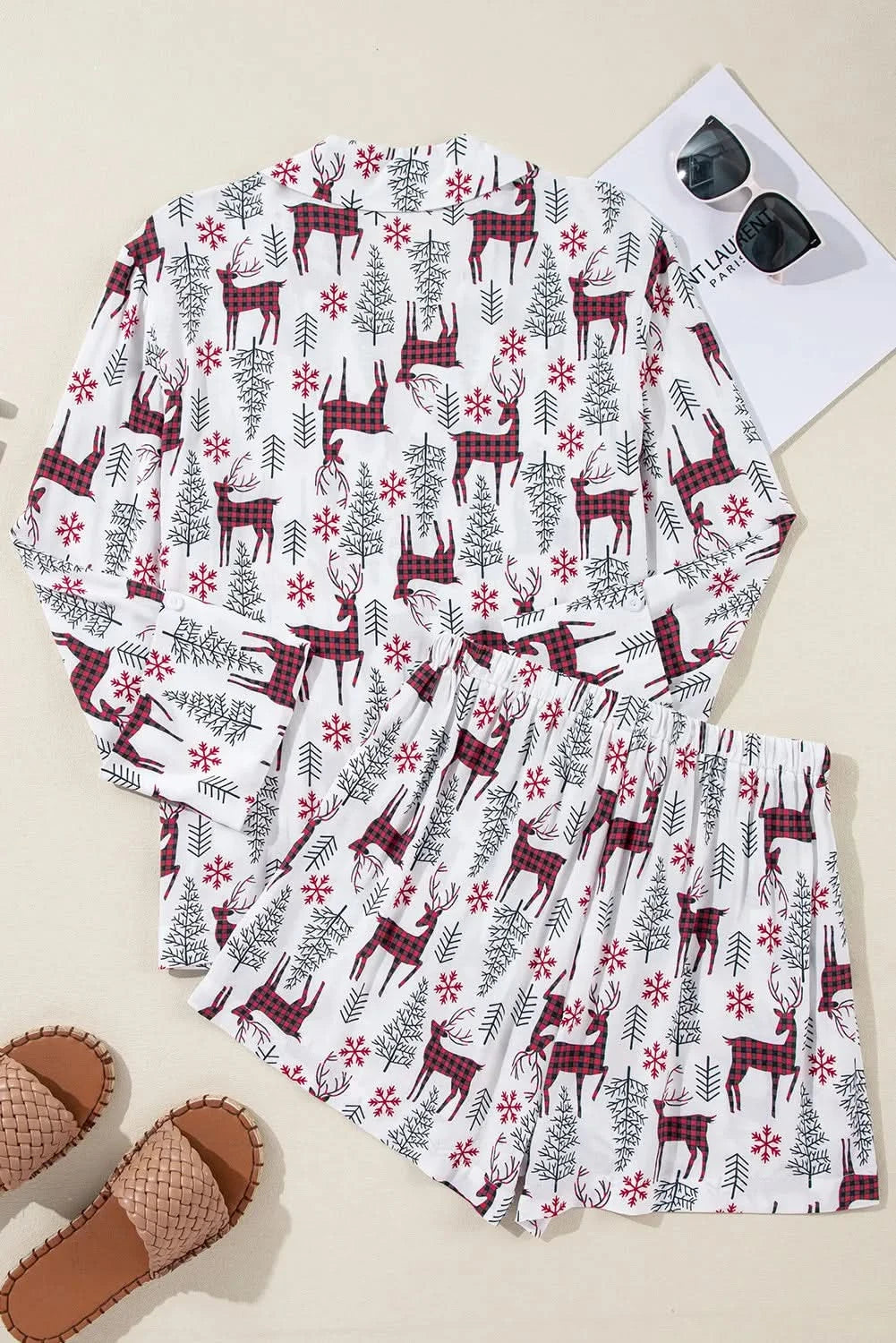 Stylish printed collared long sleeve top and shorts lounge set