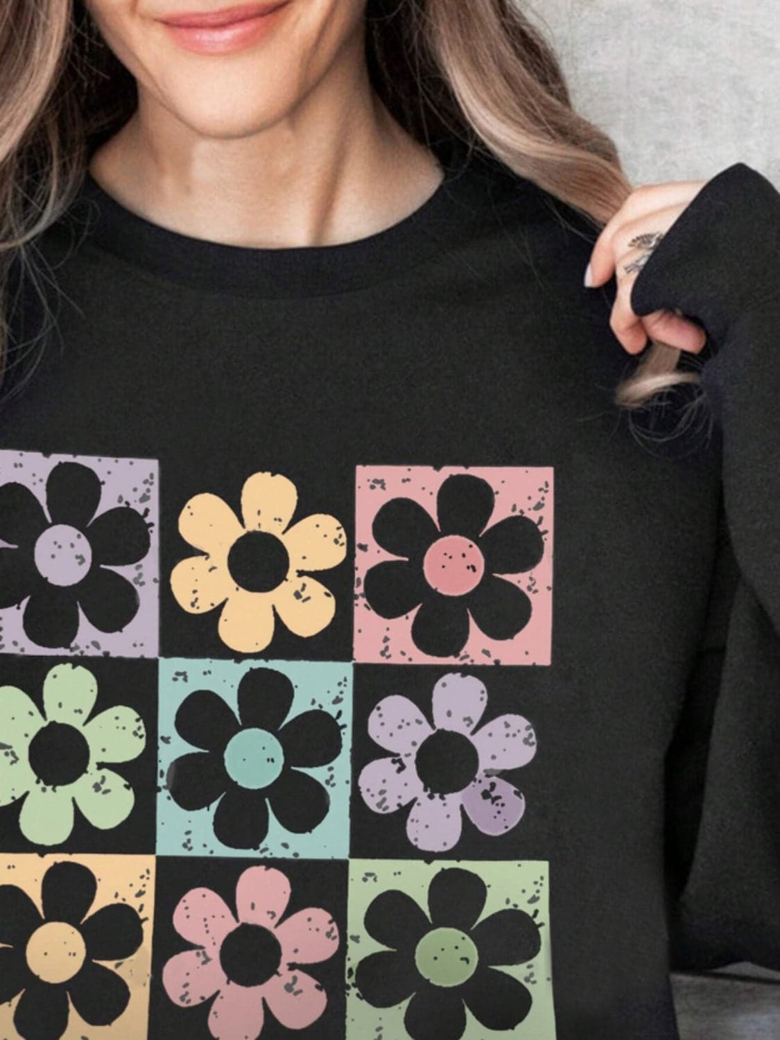 Floral print long sleeve crew neck sweatshirt