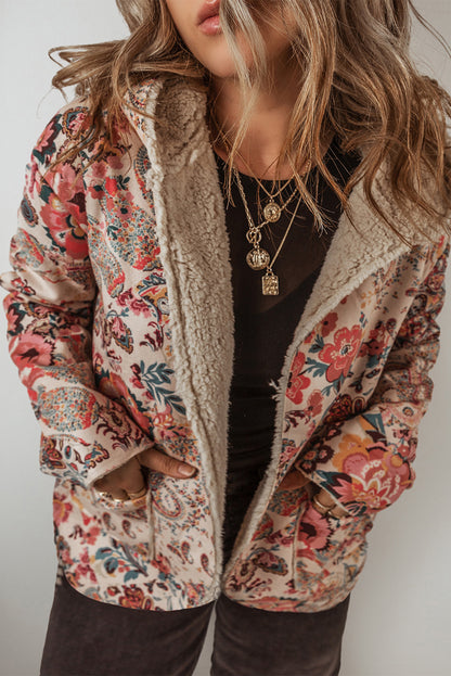 Beige floral sherpa hooded jacket