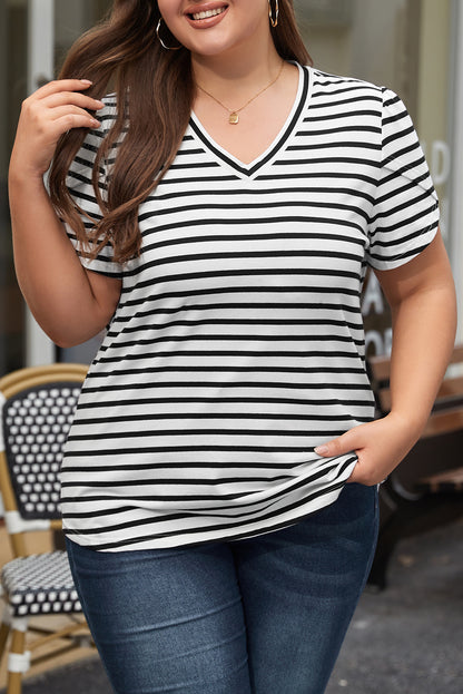 Chic white striped v neck plus size T-shirt with petal sleeves